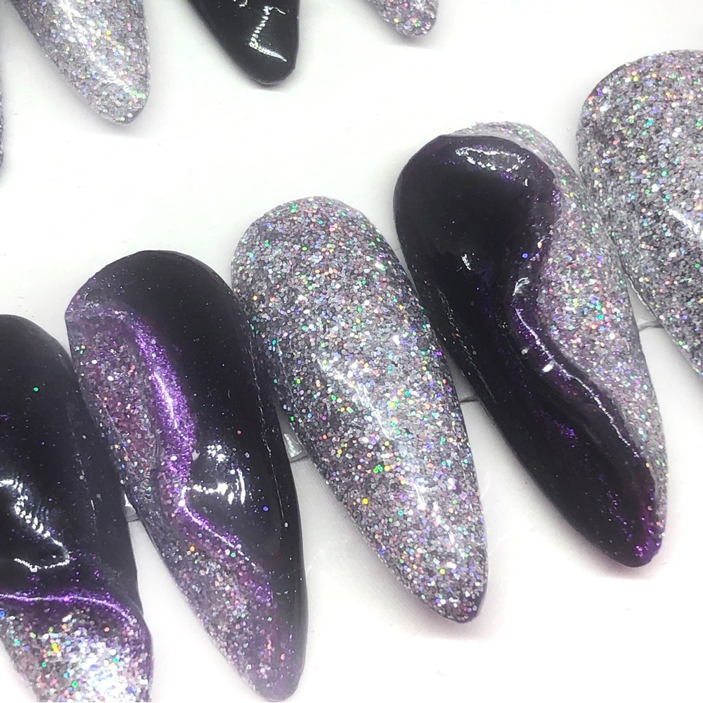 *SOLD* Handmade Press On Nails Long Almond Shape Full Set UV Gel Purple & Holo … - Picture 9 of 13